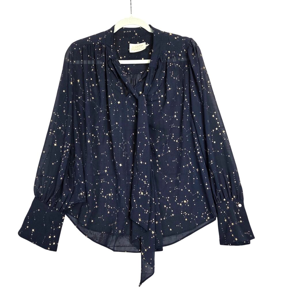 Judith March Navy Blue Gold Star Blouse M Tie Sash Puff Sleeve Flare French Cuff - Picture 2 of 12